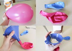 four pictures showing how to make an inflatable ballon cup and blow up the balloon