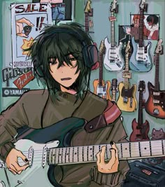 a man with black hair holding a guitar in front of a wall full of guitars