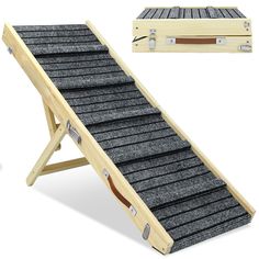 a wooden ramp with grey carpet on top and two steps attached to the bottom, in front of a white background