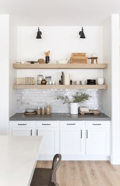 the kitchen counter is clean and ready to be used for cooking or dining room use