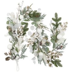 two white flowers and greenery on a white background with pine cones, berries, and evergreen leaves