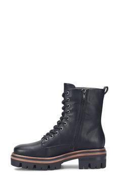 Bring rugged style to any look with this faux-leather combat boot constructed with comfortable cushioning and a lugged platform sole. Cushioning: absorbs impact and distributes weight for consistent, buoyant comfort under each step 2" heel; 1 1/2" platform; 1/2" slope Lace-up style; side zip closure Synthetic upper/textile lining/rubber sole Imported Womens Combat Boots, Rugged Style, Combat Boot, Lug Sole, Black Fits, Up Styles, Side Zip, Nordstrom Rack, Combat Boots