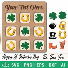 st patrick's day tic toe game with shamrocks, horseshoes and irish symbols