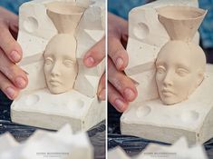 two pictures of someone making a sculpture out of clay