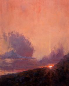 an oil painting of a sunset with clouds and mountains in the distance, overcast skies