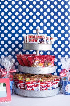 three tiered trays holding snacks and candy