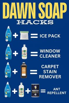 the dawn soap hacks poster shows how to use it for cleaning and disinfection