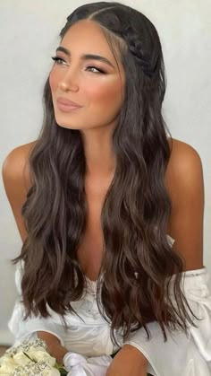 Down Wedding Hairstyles With Braid, Simple Prom Hair, Bridesmaid Hair Makeup, Hoco Hairstyles, Prom Hairstyles For Long Hair, Homecoming Hair Down, Homecoming Hair, Hair Medium, Hairdo For Long Hair