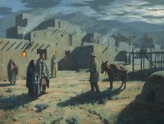 a painting of people standing in front of an adobe - style building with a donkey