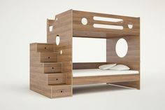 a wooden bunk bed with stairs and drawers on the bottom level, in front of a white background