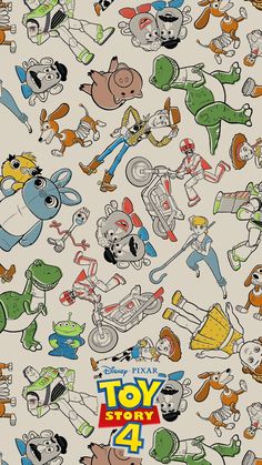 the toy story 2 movie poster is shown with many cartoon characters in different colors and sizes