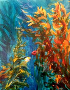 an oil painting of seaweed and fish