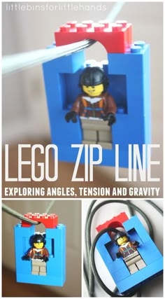 lego zip line exploring angles, tension and gravity with instructions to make it fun for kids