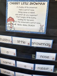 a snowman themed classroom display with words and pictures on the shelf in front of it