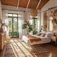 a bed sitting in a bedroom on top of a tiled floor next to a window