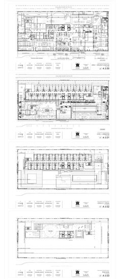 three plans for an office building with multiple floors and two levels, all in black and white