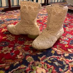 Loved But Never Worn! Creamy White 7 1/2” Tall All-Over Crocheted Boot With Pale Lime Green 1 1/4”Heel.A One Of A Kind Fine In Perfect Condition. Womens Crochet Boots, White Low Heel Summer Boots, White Low Heel Boots For Summer, Casual White Boots With Low Heel, Casual White Low Heel Boots, Summer Cream Closed Toe Boots, Vintage Summer Boots With Round Toe, Summer Cream Flat Heel Boots, Vintage Flat Heel Boots For Spring