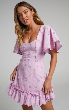 Fancy A Spritz Mini Dress in Lilac | Showpo USA Rush Outfits, Angel Sleeves, Rush Dresses, Preppy Dresses, Square Neck Dress, Grad Dresses, Day Party, Hoco Dresses, That Day