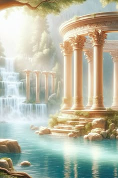 an image of a beautiful waterfall scene with columns