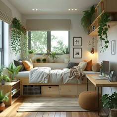 a bedroom with wooden floors and lots of plants in the window sill above the bed