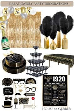 an assortment of black and gold party decorations with the words great gatsy party decorations