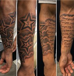 three different views of a man's arm with tattoos on it, including the words and stars