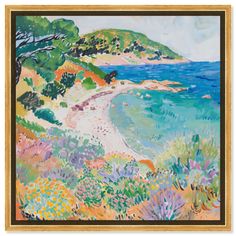 an oil painting of a beach with flowers and trees on the shore by the water