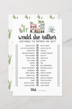 a printable wedding game that says would she rather be? with cactus and house on it