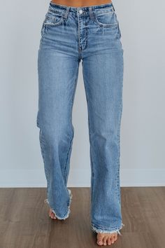 Details: Clare Vervet Jeans High Rise Zip Fly Button Closure Fading/Whiskering Frayed Detailing Vintage Washed Look No Stretch Wide Leg Available in Medium Wash Rise: 11" Inseam: 32" Leg Opening: 18" Material: 99% Cotton and 1% Spandex We are recommending true to size! Vervet Jeans, 2024 Aesthetic, Necklace Outfit, Scarf Shirt, Overalls Pants, High Jeans, Autumn Winter Fashion, Women Lingerie, Jacket Dress