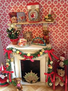 a fireplace decorated with christmas decorations and teddy bears