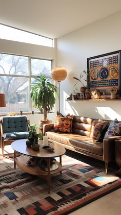 a living room with two couches and a coffee table in front of a large window