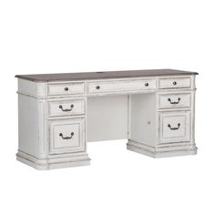 an antique white desk with two drawers