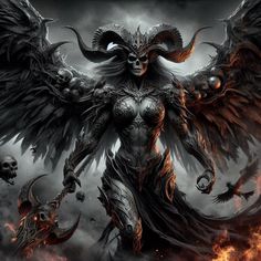 a demonic demon with large wings standing in front of fire and skulls on the ground