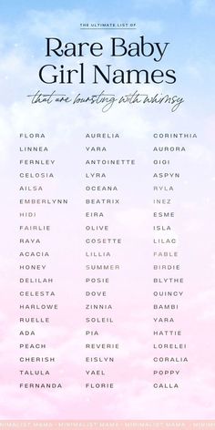 the poster for rare baby girl names is shown in pink, blue and white clouds