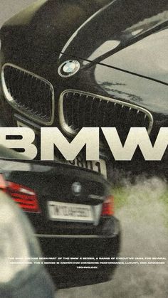 an advertisement for bmw showing the front end of a black car and two other cars