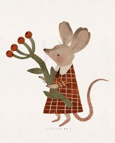 a drawing of a mouse with flowers in it's hand