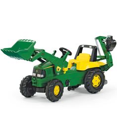 a toy tractor with a large green backhoe