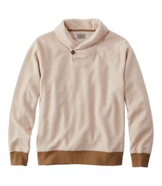 This casual layer is more versatile than most fleece pullovers, but just as comfortable and cozy. Wear it as an alternative to a sweater - it looks great layered over a button-down shirt. Slightly Fitted: Relaxed through the chest and sleeve, with a slightly slimmer waist. Midweight fleece fabric. 55% cotton, 45% polyester. Machine wash and dry. Heathered fabric has great texture and feels wonderfully soft. Great layered over a button-down or tee. Shawl-collar neck with button detail. Contrast r Casual Tops With Fleece Lining For Loungewear, Beige Fleece Tops For Fall, Beige Cozy Fit Top For Layering, Casual Fall Sweater With Fleece Lining, Casual Long Sleeve Sweater With Fleece Lining, Casual Cozy Fit Sweater With Fleece Lining, Cozy Fit Sweater With Fleece Lining For Fall, Cozy Beige Sweatshirt For Layering, Fleece Sweatshirt For Fall Layering