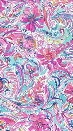 an abstract pattern with pink and blue flowers