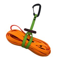 an orange and green tow rope with black handles