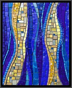 a blue and yellow mosaic tile with wavy lines on it's surface, in the shape of waves