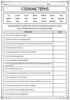 cooking items worksheet for students to help them learn how to make their own food