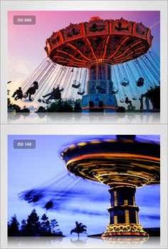 three different images of an amusement park at dusk or dawn, with carousels in the background