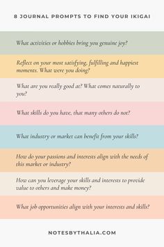 Ikigai, meaning ‘reason for being’ is an ancient Japanese philosophy that encourages individuals to discover their life's purpose. Iki’ in Japanese means ‘life’ and ‘gai’ describes value or worth. It involves identifying the intersection between four parts: passion, mission, profession and vocation. When you find your Ikigai, you have essentially found your “bliss” leading to a life of deep satisfaction and fulfilment. You are inspired to get out of bed every day as you are pursuing activities that truly resonate with your inner self. Here some essential journal prompts to help you explore your Ikigai #ikigai | find your purpose | how to find your ikigai | journal prompts for self discovery | find your purpose | self discovery journal prompts | self discovery journey tips How To Find Your Ikigai, Find Your Ikigai, How To Find Your Interests, Ikigai Journal Prompts, Ikigai Meaning, Ikigai Questions, How To Find Your Values, Life Purpose Journal Prompts, Activities To Find Yourself