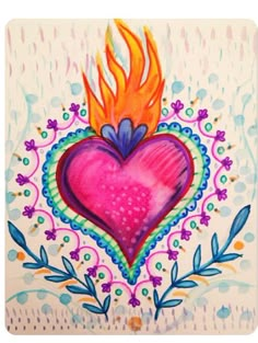 a painting of a heart with flames on it