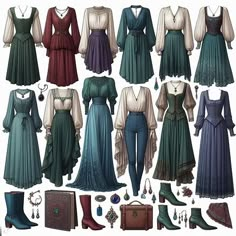 A Rennaissance inspired capsule wardrobe including blouses with shoulder emphasis, flowy bootcut pants, mermaid skirts, and draped dresses in deep and cool greens, blues, purples, and reds. materials include silk, velvet, and cashmere. boots and jewelry - Image Creator from Microsoft Designer Blue And Green Outfit, Best Costume Design, Fantasy Dresses, Couture Mode