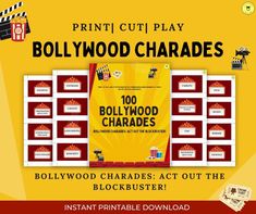 the hollywood charadess printable cut out game is shown in red and yellow