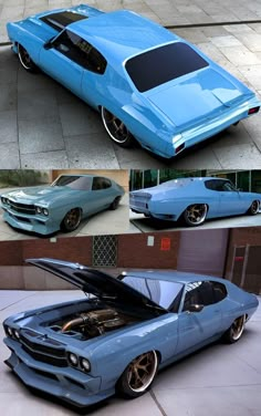 three different pictures of the same car with its hood open