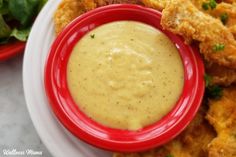 a red bowl filled with sauce next to some fried food on top of a white plate