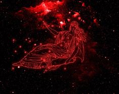 a drawing of a woman sitting on top of a red object in the dark sky